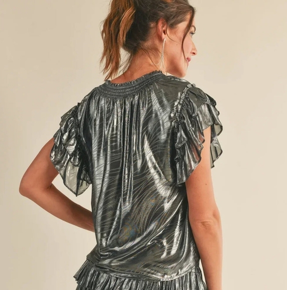 RESET by Jane Sasha Shine Blouse Flutter Sleeve Black Silver Metallic New - Picture 11 of 16